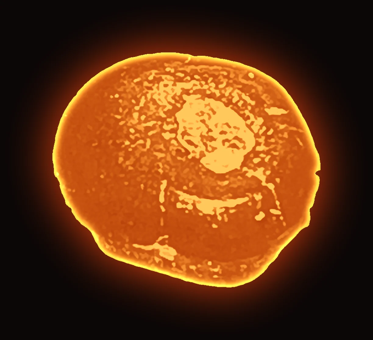 Digitally edited illustration based on a photo of an ASA Digital Art specimen. The red-hot glow was added digitally to picture the plasma-channel idea; the specimen was not heated and does not look like this. Not identified as carbonado; no origin is claimed. Speculative.