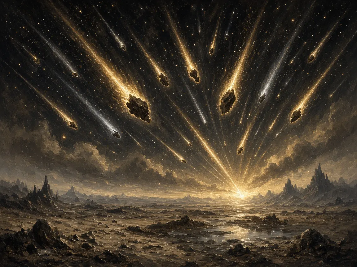 Illustration (digital render): a meteor shower over an ancient landscape. Speculative scene.
