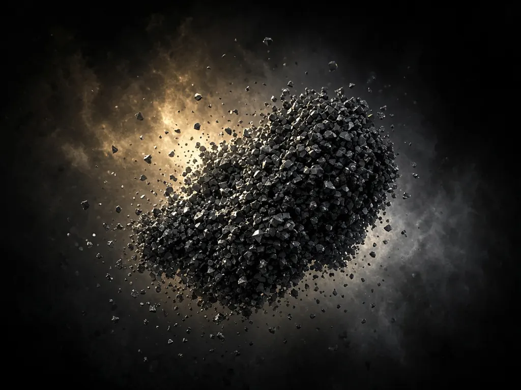 Illustration (digital render): tiny diamond grains clumping into a porous aggregate, as the space-origin hypothesis imagines.