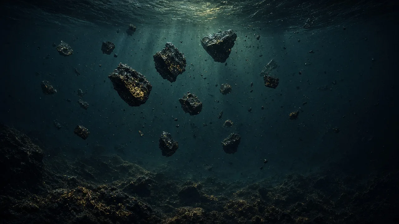 Illustration (digital render): dark fragments settling through an ancient ocean, as in ASA Digital Art’s theory. Artistic, not to scale. Speculative scene.