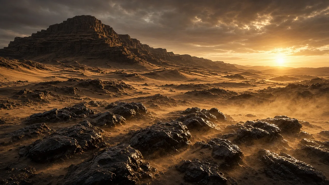 Illustration (digital render): an uplifted, wind-swept desert with dark, varnished rocks, as in ASA Digital Art’s hypothesis. Artistic, not to scale. Speculative scene.
