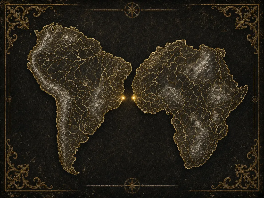 Illustration (digital render): eastern South America and west-central Africa fitted together, as they were before the South Atlantic opened. Artistic, not a scientific map.
