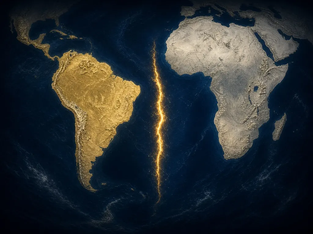 Illustration (digital render): South America and Africa drifting apart as the South Atlantic opens. Artistic, not to scale; modern coastlines shown.