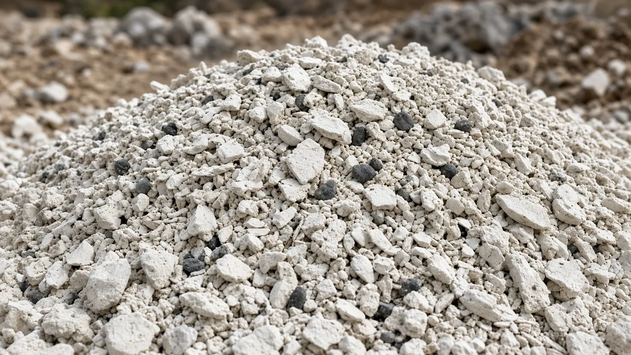 Illustration (digital render): crushed pale limestone and shell with a few dark pebbles, as used for road base. Generic scene; not a real site, quarry or company. Speculative scene.