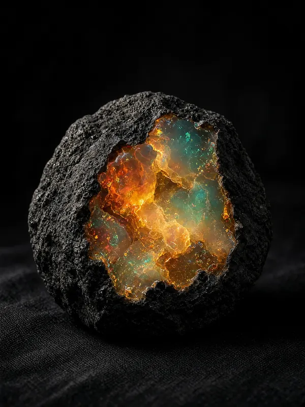 Illustration (digital render): a split rough stone with a glowing, multicolored interior on dark cloth