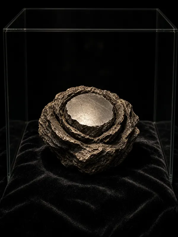 Illustration (digital render): a rounded, petal-shaped metallic specimen on velvet in a glass case
