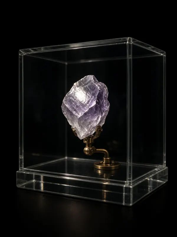 Illustration (digital render): a pale violet crystal held on a brass stand in a glass case