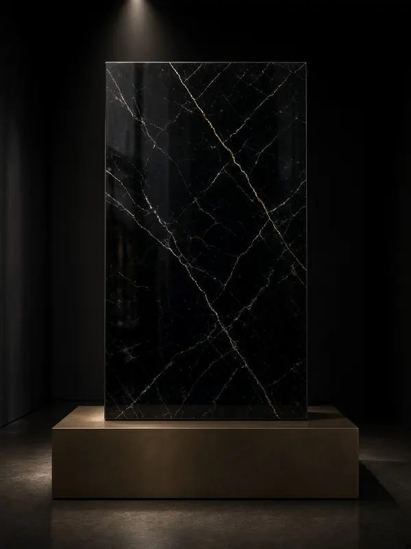 Illustration (digital render): a tall polished black slab with a single gold vein on a plinth